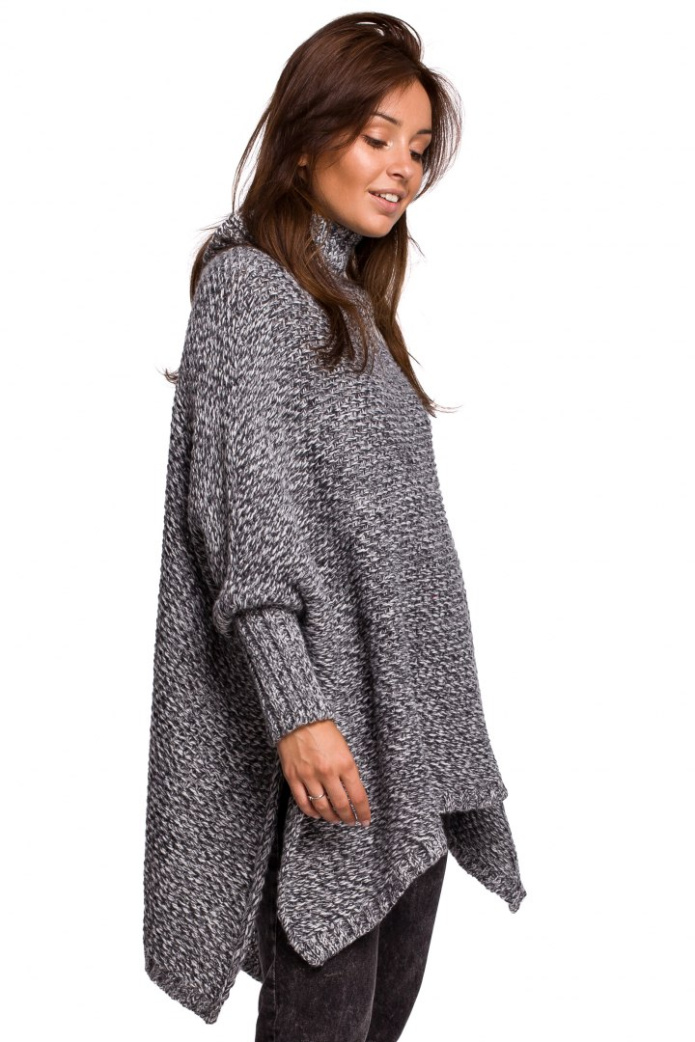 Sweter Damski - Peleryna Z Golfem Oversize - antracytowy